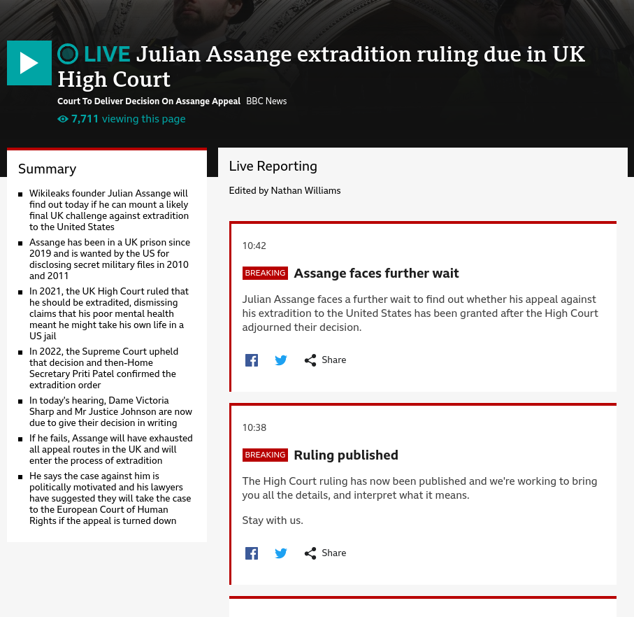 Final Assange decision: Julian Assange faces a further wait to find out whether his appeal against his extradition to the United States has been granted after the High Court adjourned their decision.